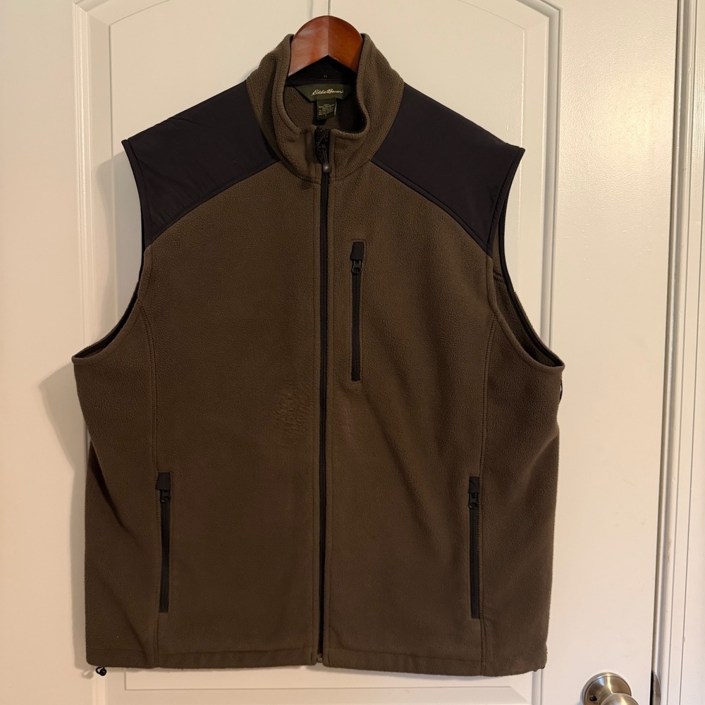 Eddie Bauer Mens Fleece Vest Large Olive Green Black Full Zip Pockets Outdoor
